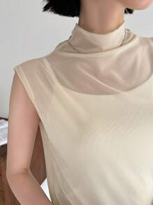 FRIFUL Women's Plain Mesh Stand Collar Tank Top - Beige - View 8
