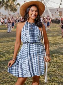 SHEIN VCAY 加大碼渐层色系领口连衣裙,露背领设计,弹性腰,适合度假 - 彩色 - 查看 1