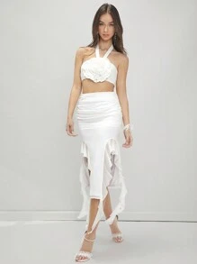 Enchnt Women's Solid Color Ruched Frill Hem Side Slit Skirt