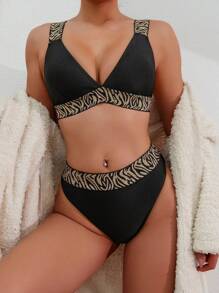 SHEIN Swim Conjunto de bikini de dos piezas con estampado de cebra para mujer, playa de verano