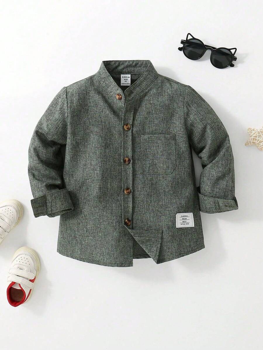 SHEIN Young Boy's Contrast Pocket Front Long Sleeve Shirt - Green - View 1