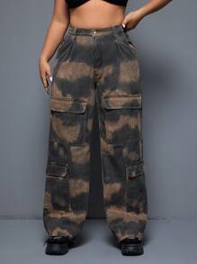 SHEIN ICON Kích thước lớn Lỏng lẻo Giò thẳng Quần jean Với Chặn màu Flip Túi - Nhiều màu - Xem 3