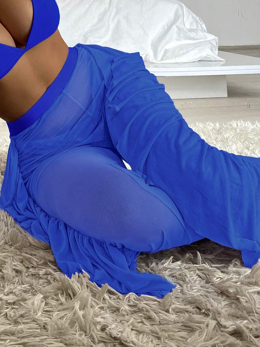 SHEIN Swim Summer Beach Women's Splicing Ruffle Trim Cover Up Pants - Royal Blue - View 1