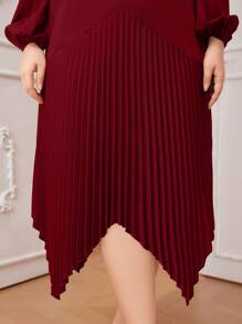 Modelyn Burgundy Red Plus Size Solid Color Lantern Sleeve Pleated Hanky Hem Dress
