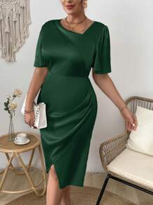 SHEIN Clasi Rochie de damă de mărime mare simplă, cu gât cu volane, cu tiv - Verde inchis - Vizualizare 4
