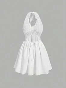 SHEIN MOD Women's Plus Size White Halter Hollow Out Back Tassel Tie A-Line Sundress  Country Concert Outfit Country Dress