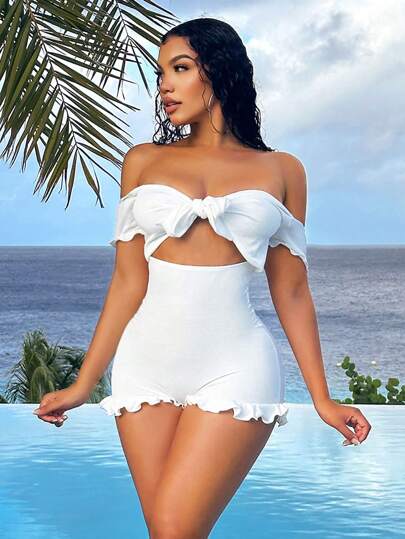 SHEIN SXY Sommerurlaub Strand Frauen Overall Mit Trägerlosen V-ausschnitt, Schleifenknoten An Der Vorderseite, Puffärmel Und Rüschen An Den Säumen