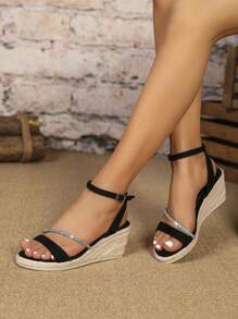 Women's Wedge Platform Sandals With Ankle Strap & Dazzling Rhinestone Accent Espadrilles, Vacation Black Velvety Fabric Knotted Strap And Jute Bottom Women's Wedge Platform Sandals Valentines