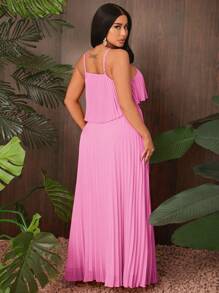 SHEIN SXY Pleated Woven Halter Top And Loose Skirt Set - Pink - View 2