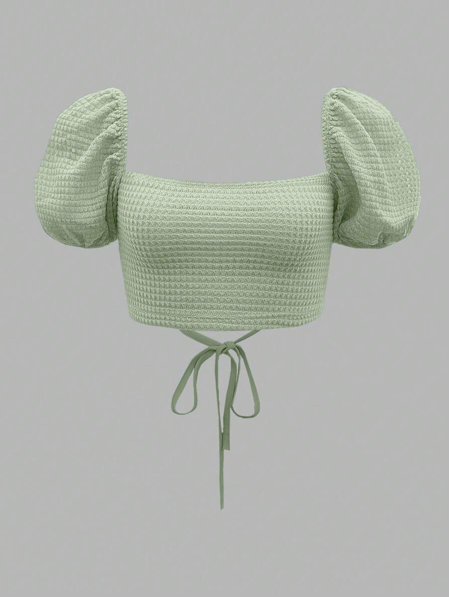 Soleia WYWH Women Vacation Puff Sleeve Lace Up Backless Textured Crop Date Night Tops Top - Mint Green - View 1