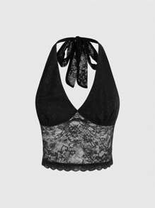 ROMWE Grunge Punk Women's Lace Halter Neck Tie Back Tank Top - Black - View 1