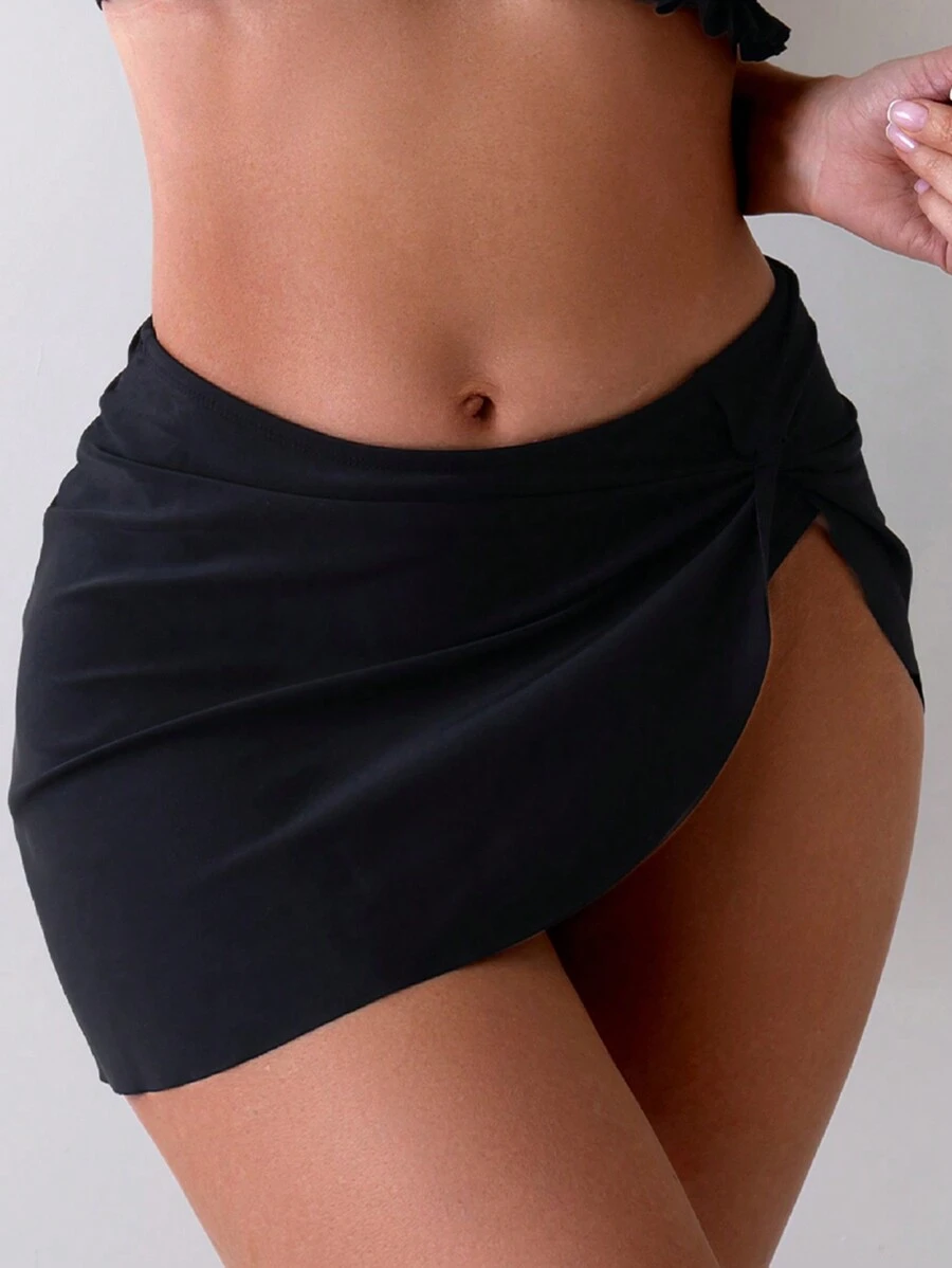 Swim Basics Women's Summer Beach Solid Color Twist Knot Skirt Swim Bottom - Black - View 1