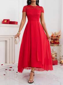 Lyxana 蕾丝拼接不对称下摆连衣裙新年衣服长款女装 - 紅色 - 查看 4