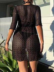 Của phụ nữ Viễn cảnh Ngắn tay Mở Mặt trước áo Đầm - màu đen - Xem 2