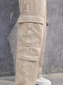 Manfinity Homme Calça Denim Cargo Masculina com Bolso Lateral com Aba