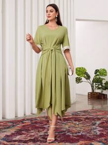 Modelyn Women's Solid Color Plain & Simple Pearl Decorated Cuff Long Dress - Green - View 8