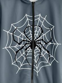 Manfinity BRENVOR Loose Fit Men's Spider Web Printed Zippered Hoodie Without T-Shirt, For Fall, Winter, Long Sleeve Top - Dusty Blue - View 3