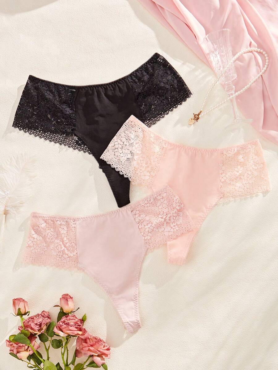 3pcs/Set Plus Size Women's Solid Color Lace Panties