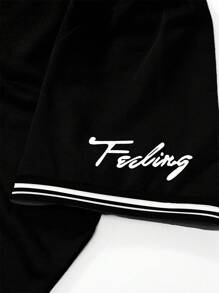 Manfinity Homme Playera De Cuello Redondo Para Hombres Con Rayas De Contraste E Impresión De Números - Negro - Ver 5