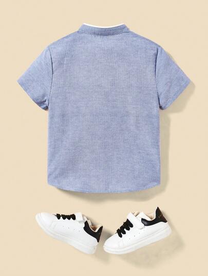 SHEIN 年輕男孩運動設計彩色拼接立領短袖襯衫