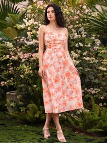 GENKIRA Colorblock Floral Printed Bustier Pleated Waist Dress For Women - Multicolor - View 3