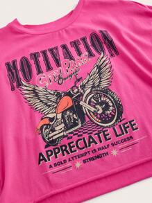 Coolane Bikercore 信件與摩托車翅膀印花 T 卹 - 玫紅色 - 查看 4