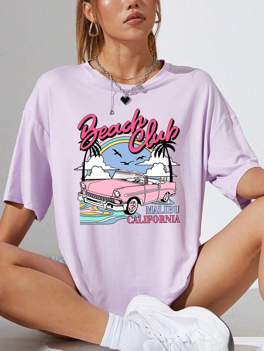 INAWLY Women's Palm Tree & Letter Print Round Neck Drop Shoulder Short Sleeve T-Shirt - Purple - View 1