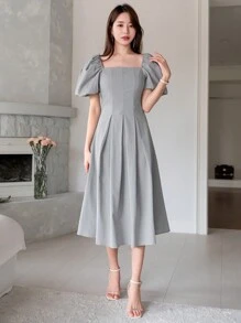 DAZY Square Neckline Puff Sleeve Gathered Waist Bubble Dress Summer - Dusty Blue - View 4