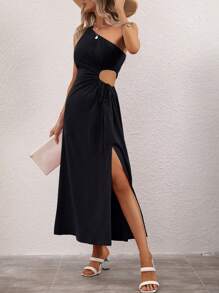 SHEIN LUNE Women's Solid Color One Shoulder Sleeveless Cutout Waist Side Split Dress - Black - View 6