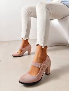 Đơn giản Màu hồng Da lộn Dày Giày cao gót Dép xăng đan Với Chóp giầy tròn Và Dây đeo mắt cá chân Đối với phụ nữ - Hồng - Xem 3