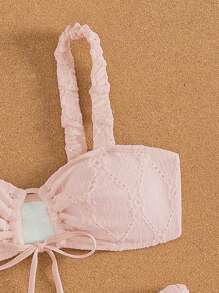 SHEIN Swim Summer Beach Women's Solid Color Textured Bust Ruched Knot Bikini Set - Pink - View 6