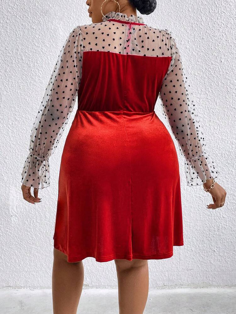 Plus Size Ladies' Mesh Polka Dot Patchwork Long Sleeve Dress Fall Cloth For Women