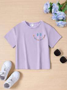 少女們可愛的休閒印花短袖t恤,有卡通和標語印花 - 淡紫色 - 查看 6