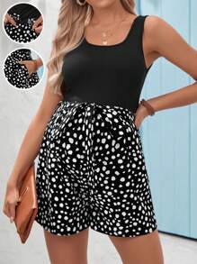 SHEIN Maternity Casual Sleeveless Tank Top And Polka Dot Pattern Elastic Waistband Shorts Set - Black - View 4