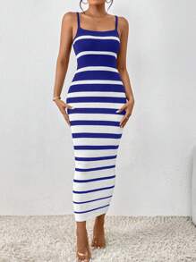 SHEIN LUNE Women's Striped Knitted Spaghetti Strap Sweater Dress - Blue - View 3
