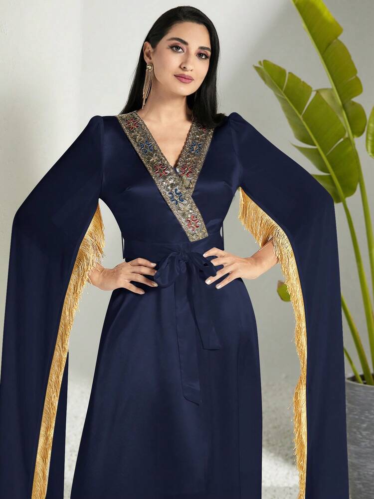 Women's Patchwork Fringe Detail Long Arabian Dress With High Slit Sleeves