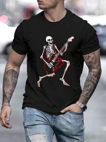 Camiseta con estampado de guitarra y esqueleto para hombres, para Halloween - Negro - Ver 1