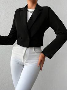 EURMUSE Ladies Solid Color Long Sleeve Short Casual Suit Jacket With Double-Breasted Buttons - Black - View 3