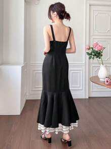 DAZY 拼接美人鱼下摆紧身连衣裙，生日舞会礼服，吊带裙，正式女士连衣裙，优雅女士连衣裙，长款连衣裙 - 黑色 - 查看 2