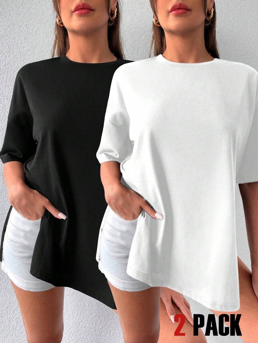 2pcs Casual Solid Round Neck Slit Women T-Shirts - Multicolor - View 1