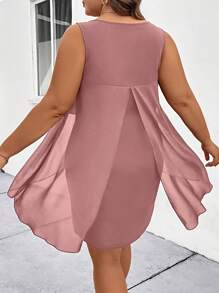 Rometta Vestido De Talla Grande Para Mujer Con Parches De Diferentes Telas En El Dobladillo Asimétrico Con Cuello Redondo Sin Mangas Y Adornos De Volantes - Rosa - Ver 6