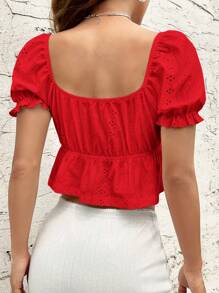 SHEIN Qutie Women's Solid Color Hollow Out Embroidered Lace Up Crop Tee