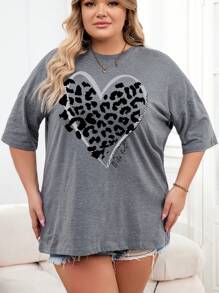 INAWLY Große Größen Leoprint Herz & Buchstaben Muster Oversized T-Shirt, Grafik Gepardendruck Oberteile für Damen, für den Sommer