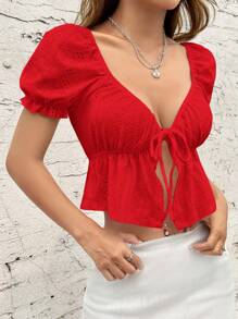SHEIN Qutie Women's Solid Color Hollow Out Embroidered Lace Up Crop Tee