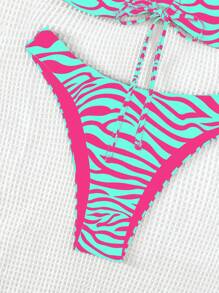 SHEIN Swim 夏日海滩斑马纹两件套比基尼 - 綠色 - 查看 3