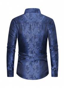 Men's Paisley Jacquard Button-Up Long Sleeve Shirt - Navy Blue - View 2