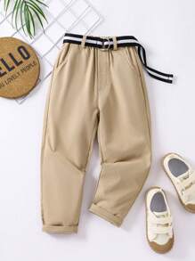 SHEIN Pantalones casuales de unicolor para niños jóvenes con decoración de cinturón - Caqui - Ver 1