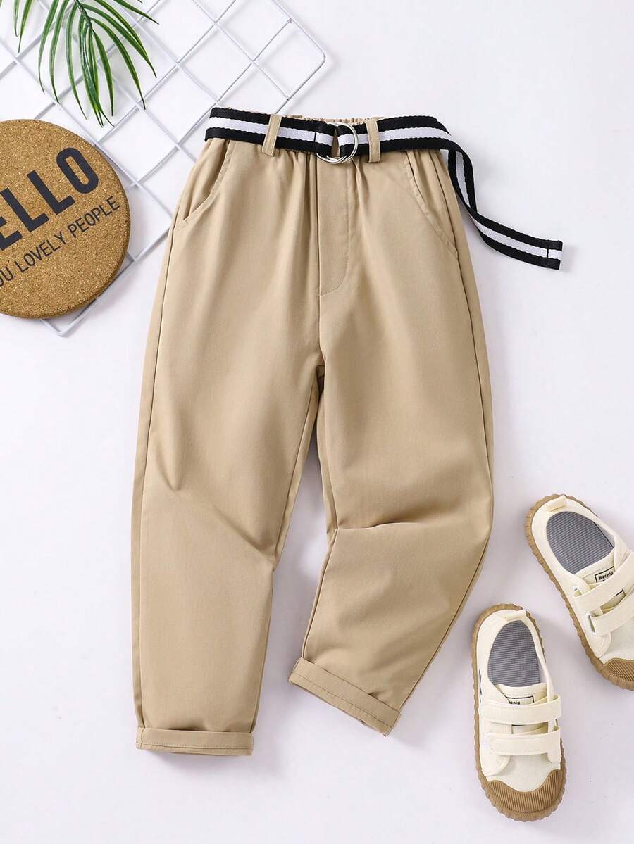 SHEIN Pantalones casuales de unicolor para niños jóvenes con decoración de cinturón - Caqui - Ver 1