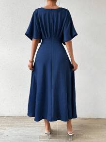 Breezaya V 领褶皱蝙蝠袖连衣裙长款女装 - 深色水洗藍 - 查看 2