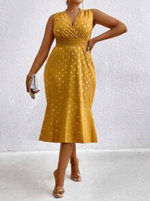 SHEIN Clasi Của phụ nữ Chấm bi Cổ chữ V Không tay Kích thước lớn Đầm - Màu vàng - Xem 1